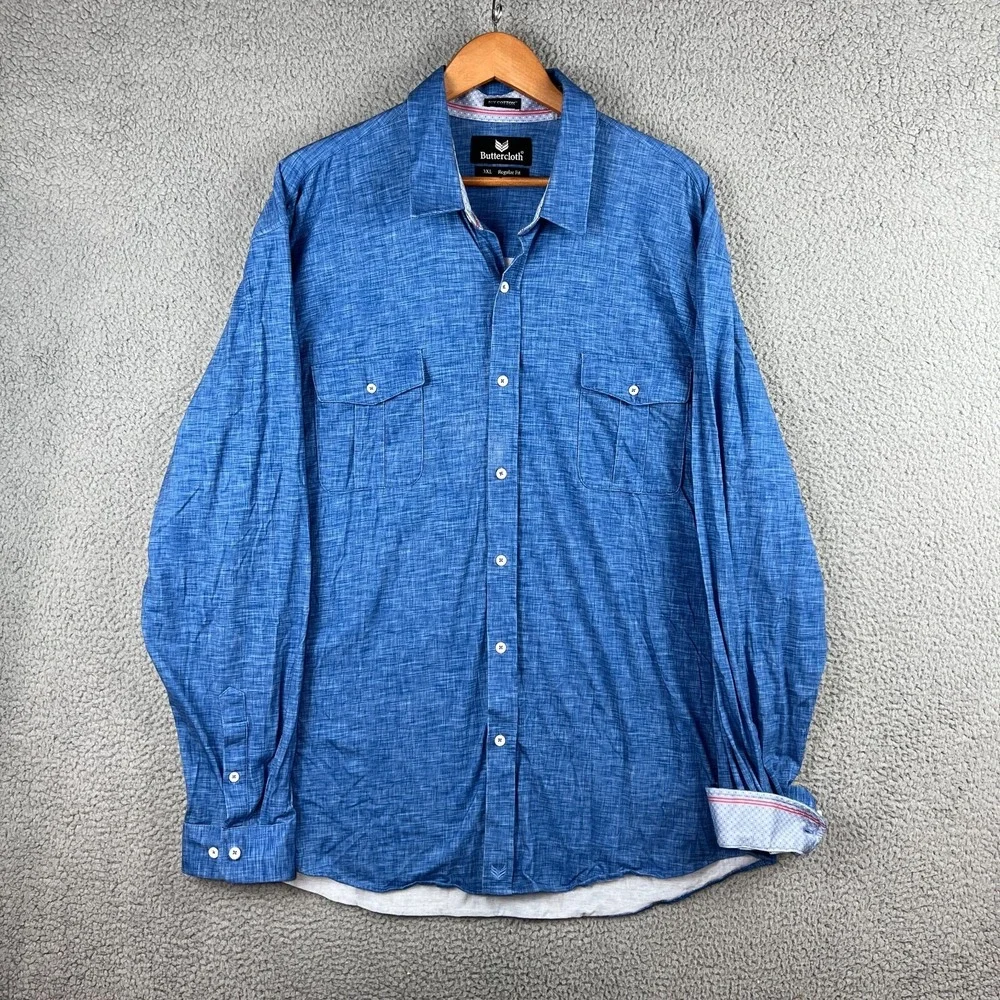 Buttercloth Mens Shirt Button Up Long Sleeve Heather Blue Icy Cotton 3XL Regular